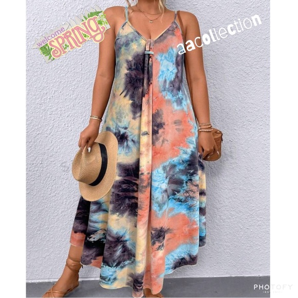 Boho Plus Size Tie Dye Ombre Print Asymmetrical Hem Cami Tank Top Maxi Dress - Picture 1 of 4